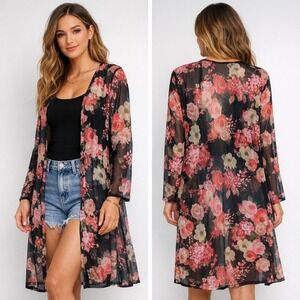 Floral Mesh Duster Cardigan L Black Pink Sheer Maxi Boho Cottagecore Festival